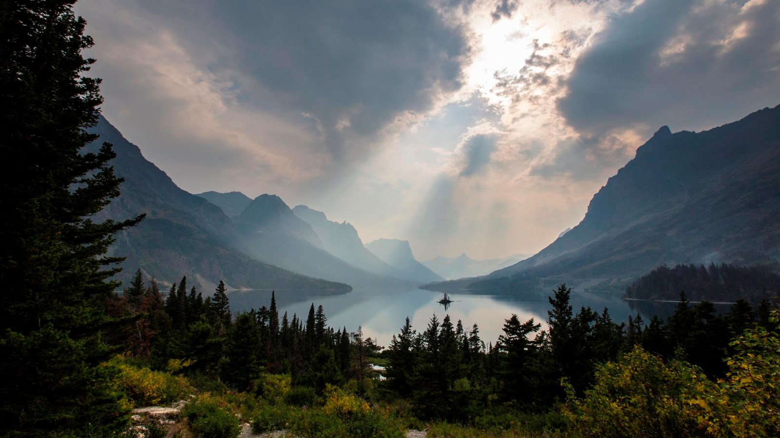 A cloudy view of Wild Goose Island in St. Mary Lake