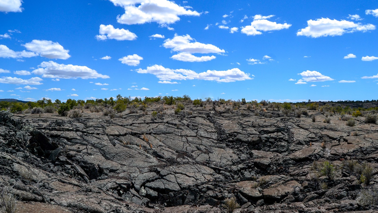black, jagged rock landscape beneath a bright blue sky with puffy clouds