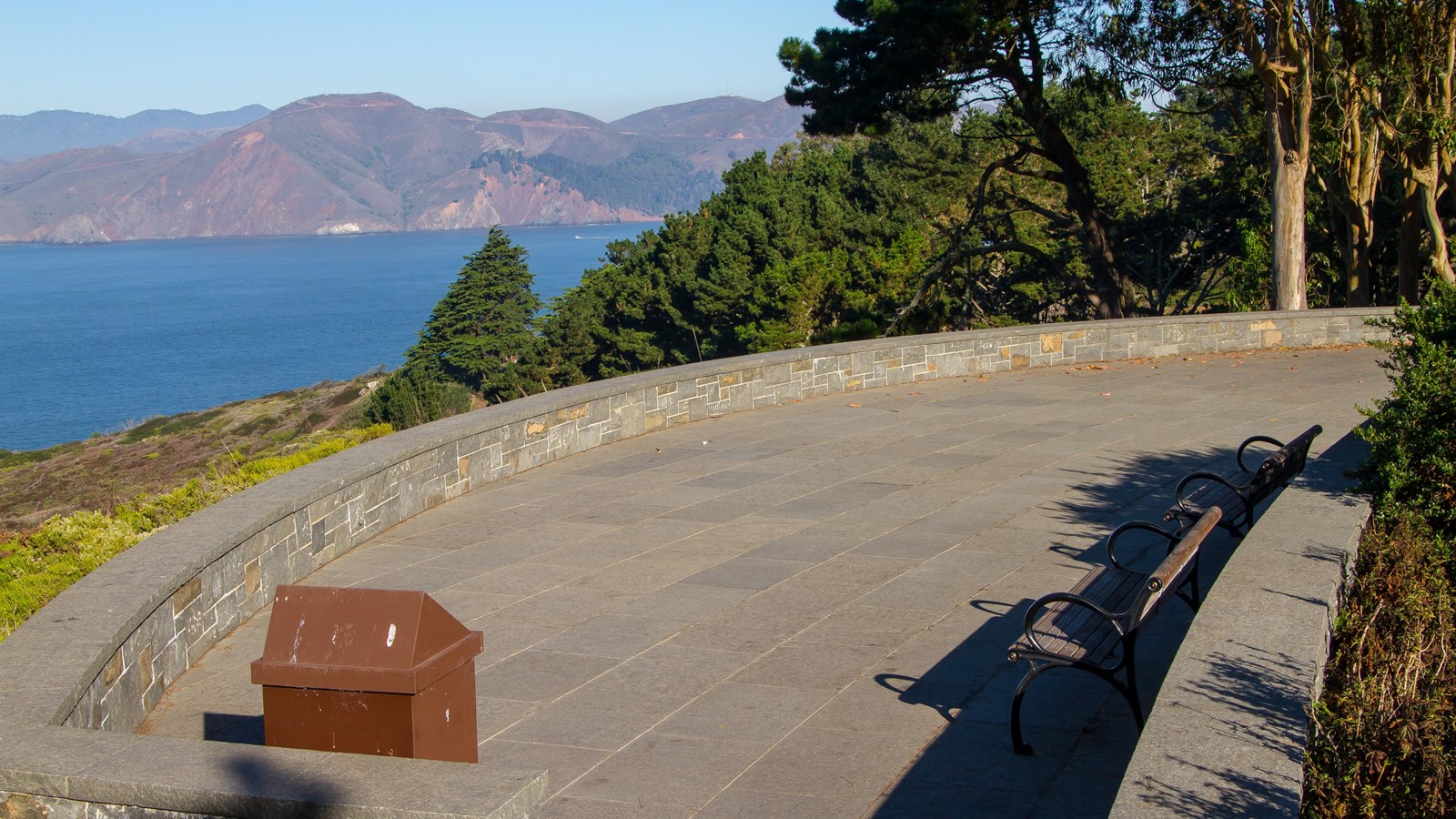 View on the concrete overlook and bench at Immigrant Point