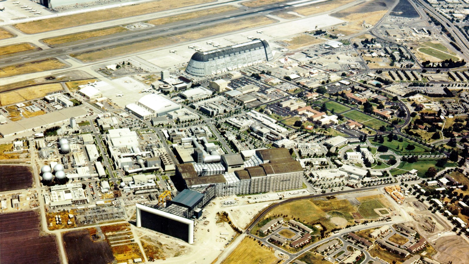 Aerial view of naval airbase. 