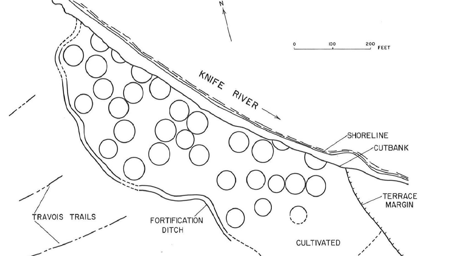 Sketch of Sakakawea Village plan showing earthlodge depressions and trails