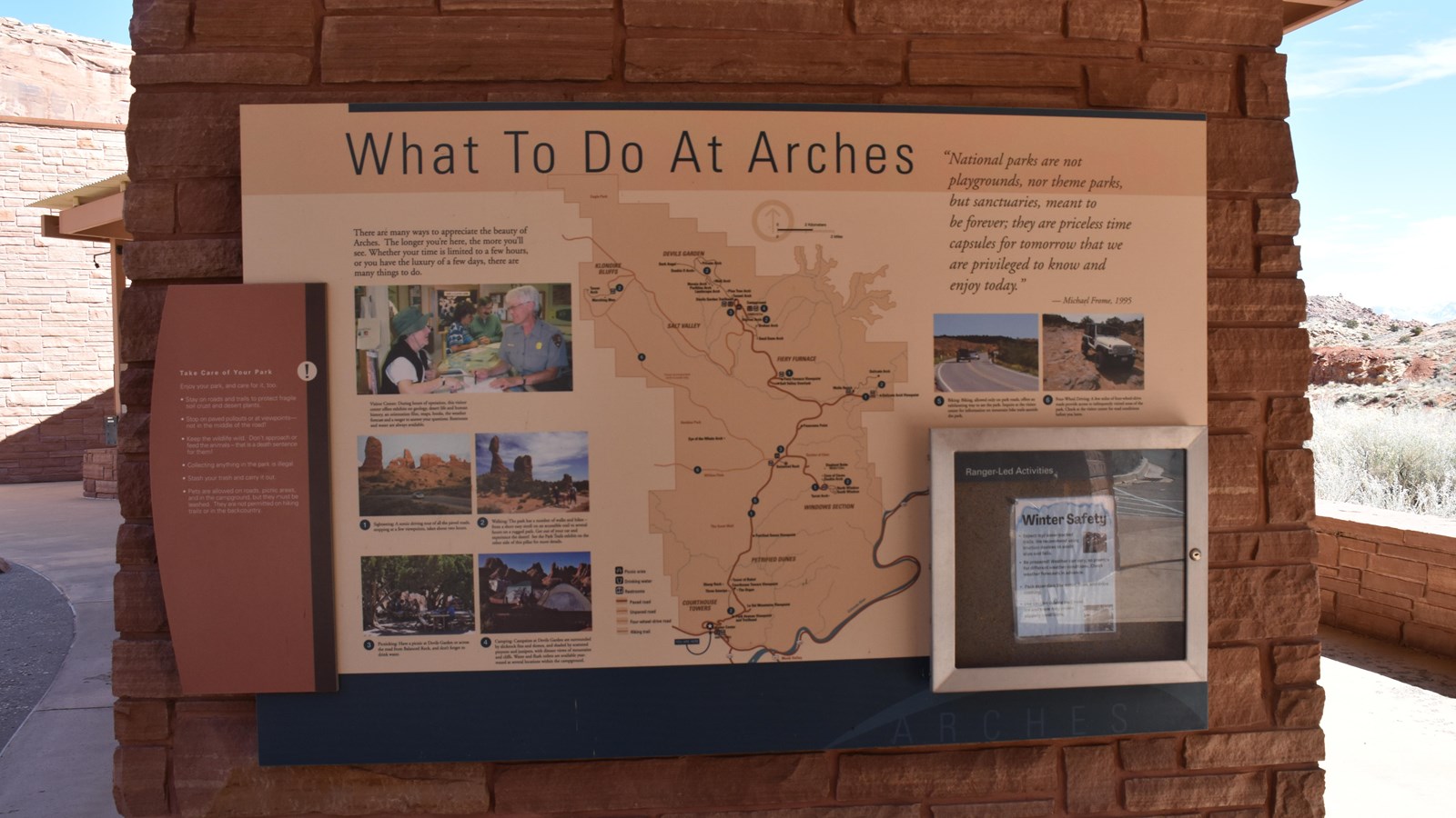 Panel detailing activities at Arches National Park. Features a map of the park.