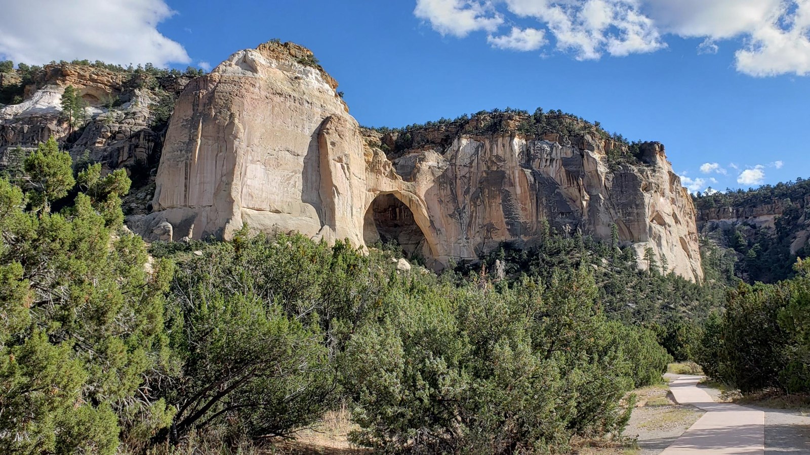 A sidwalk leads to a sandstone cliff with a prominent arch feature within the sandstone.
