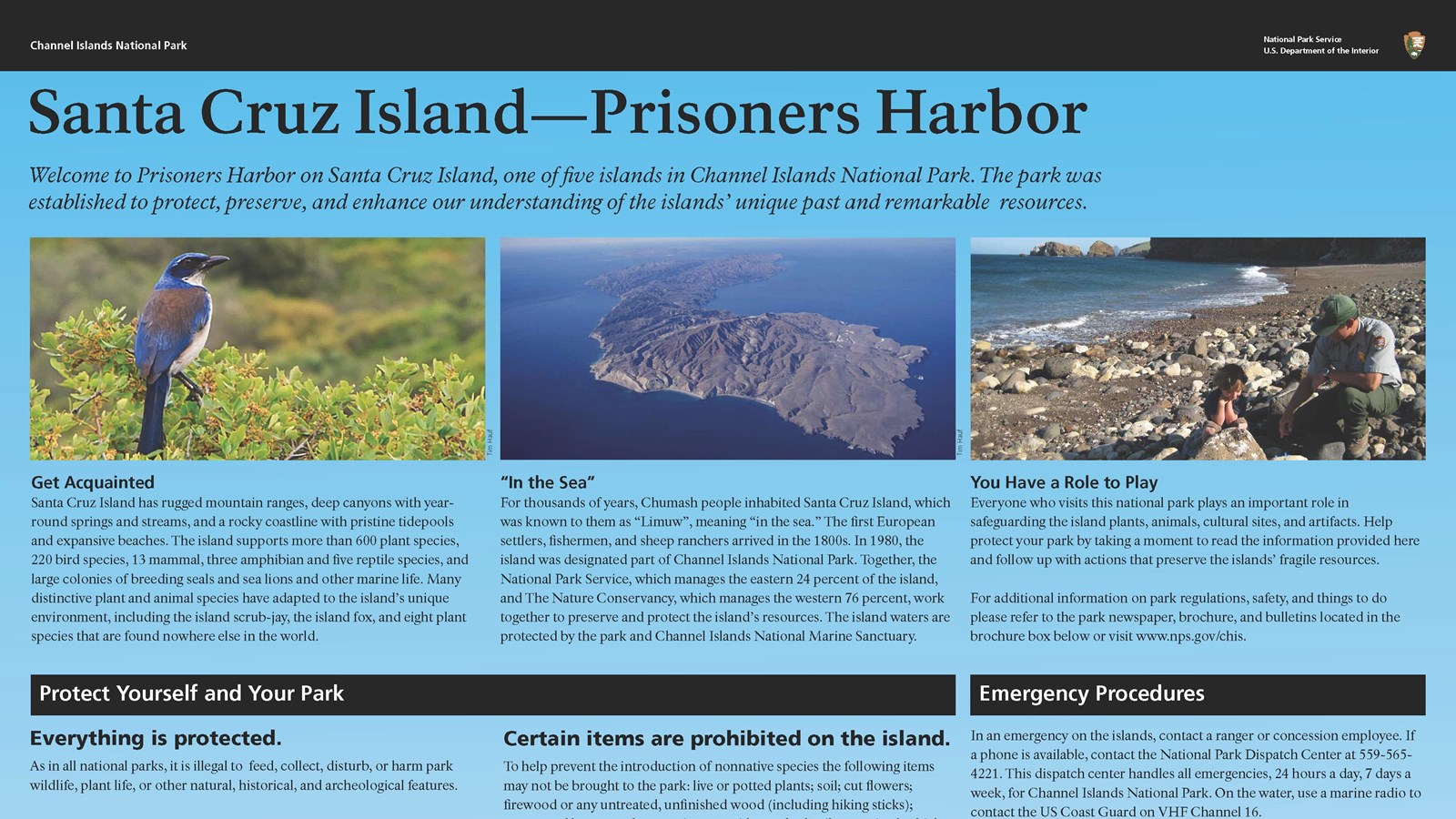 graphic panel with photos of island and regulation text