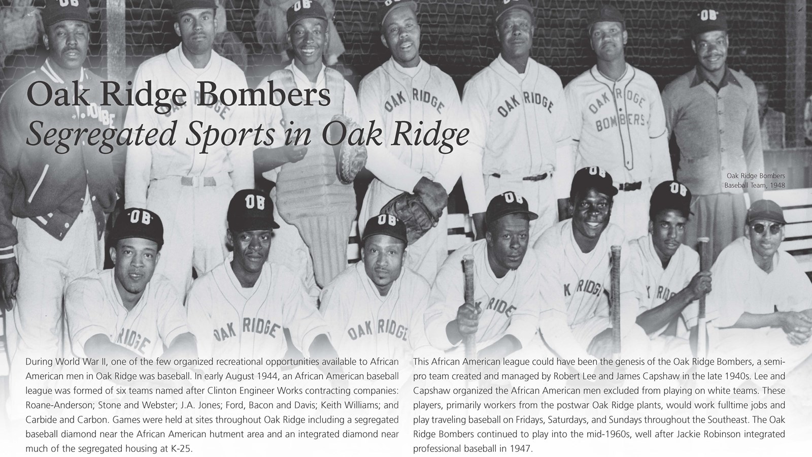 A wayside panel with text and a photo of an African American baseball team.