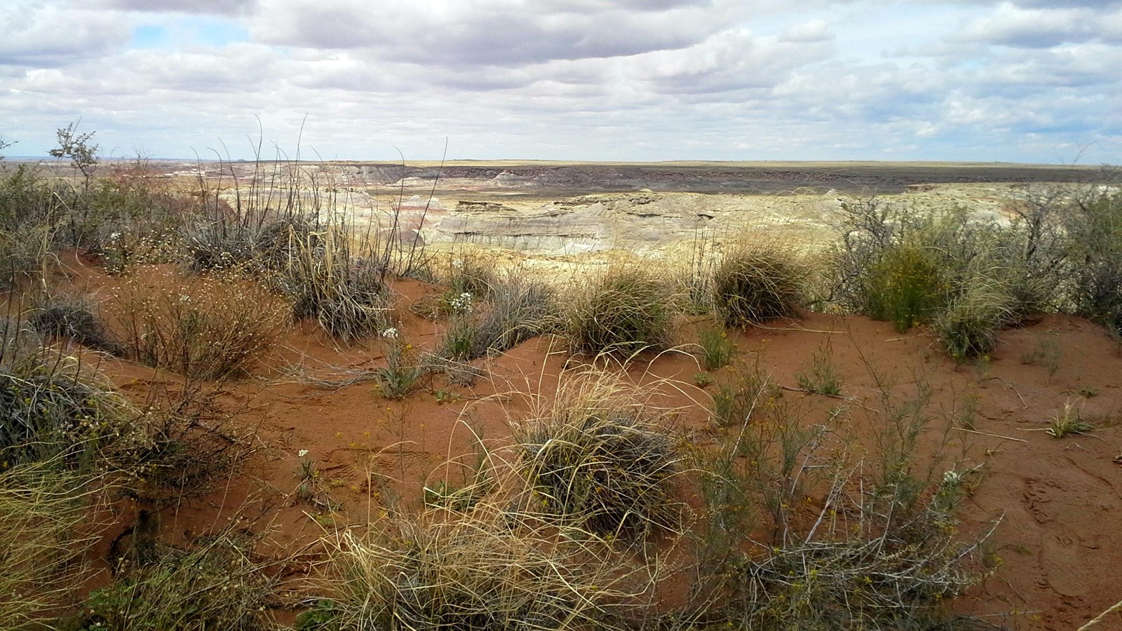 Red sand dune in shadow against sunlight badlands and mesas.