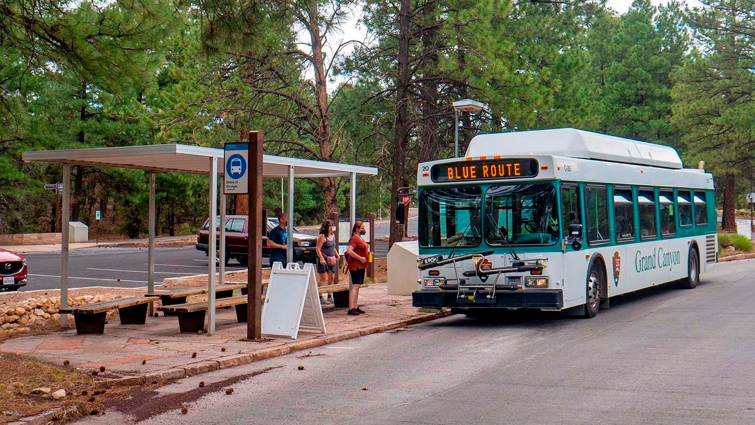 A simple open air shelter provides shade for wooden benches at a bus stop