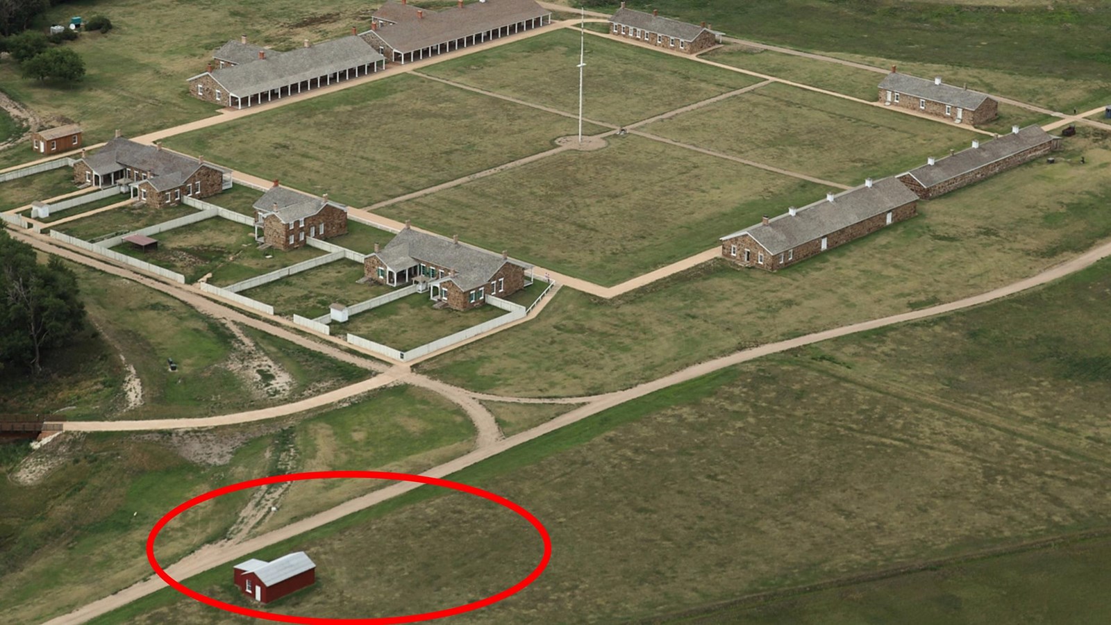 Aerial view of Fort Larned with area of the old sutler\'s store marked by a red circle.