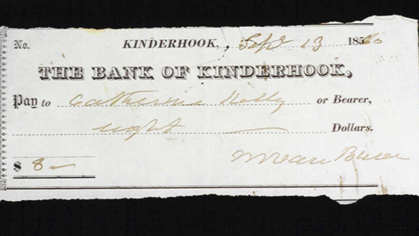 Check from the Bank of Kinderhook for Catherine Kelly, 1860.