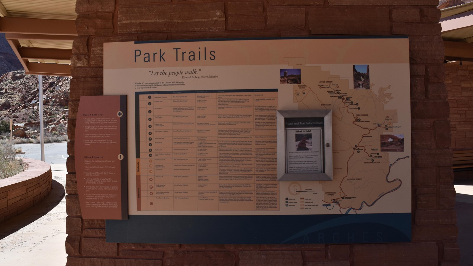 Panel that details information on the park trails- easy, moderate, and strenuous. Park map pictured.