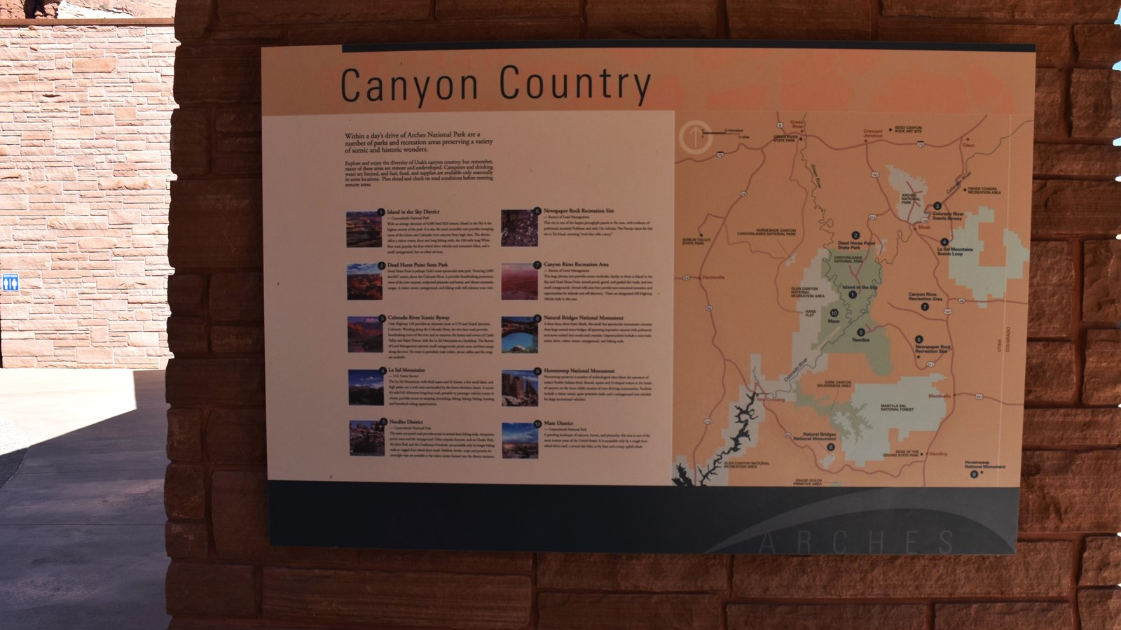 A panel that explains points of interest in the Canyon Country area. Includes map of area.