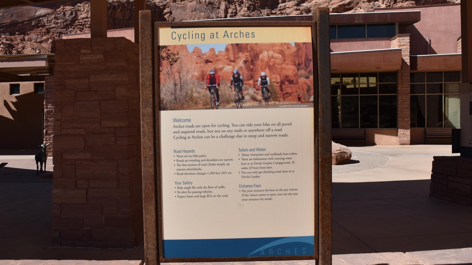 A panel that describes the best practices for cycling at Arches National Park. 