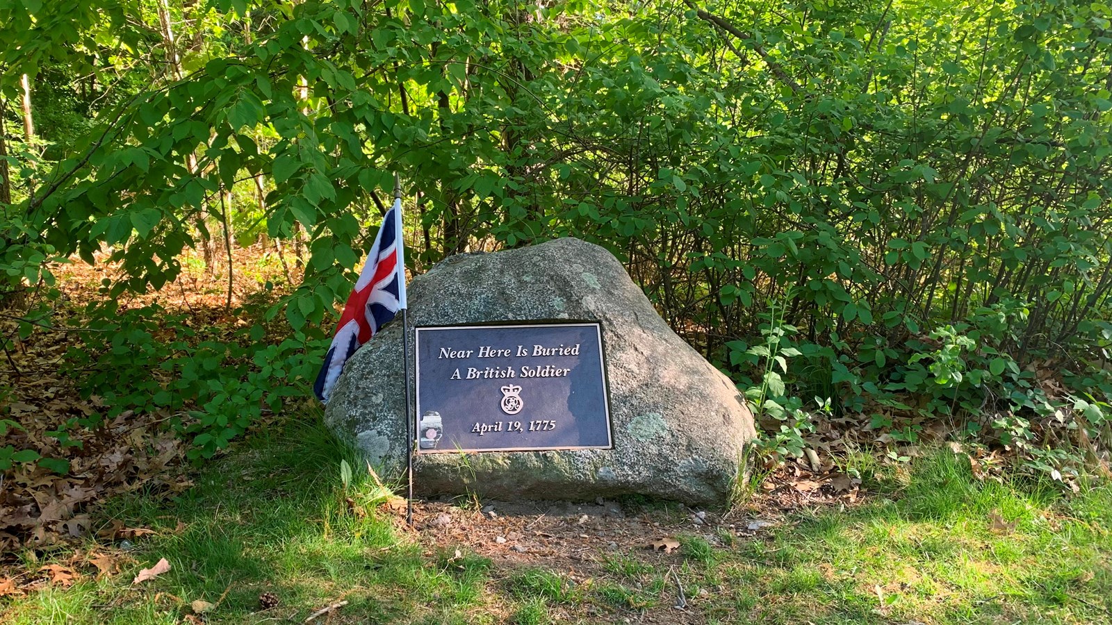 A stone grave marker for a British soldier with metal plaque sits in a densely wooded area.
