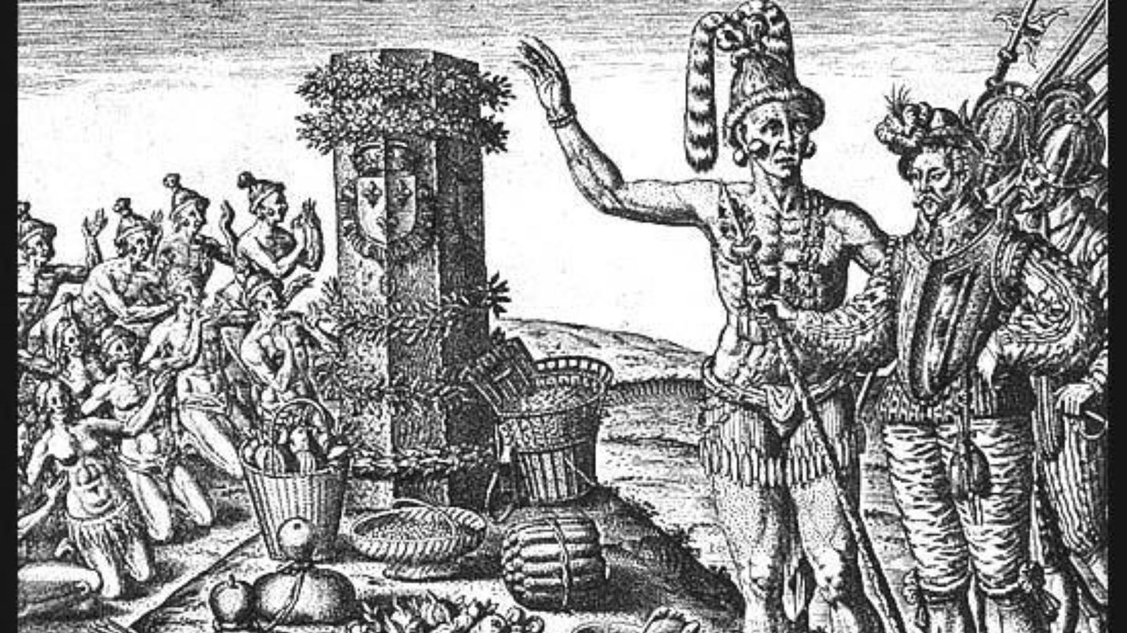 Engraving of Timucuan Indians and French Explorers with baskets of food around a stone monument..