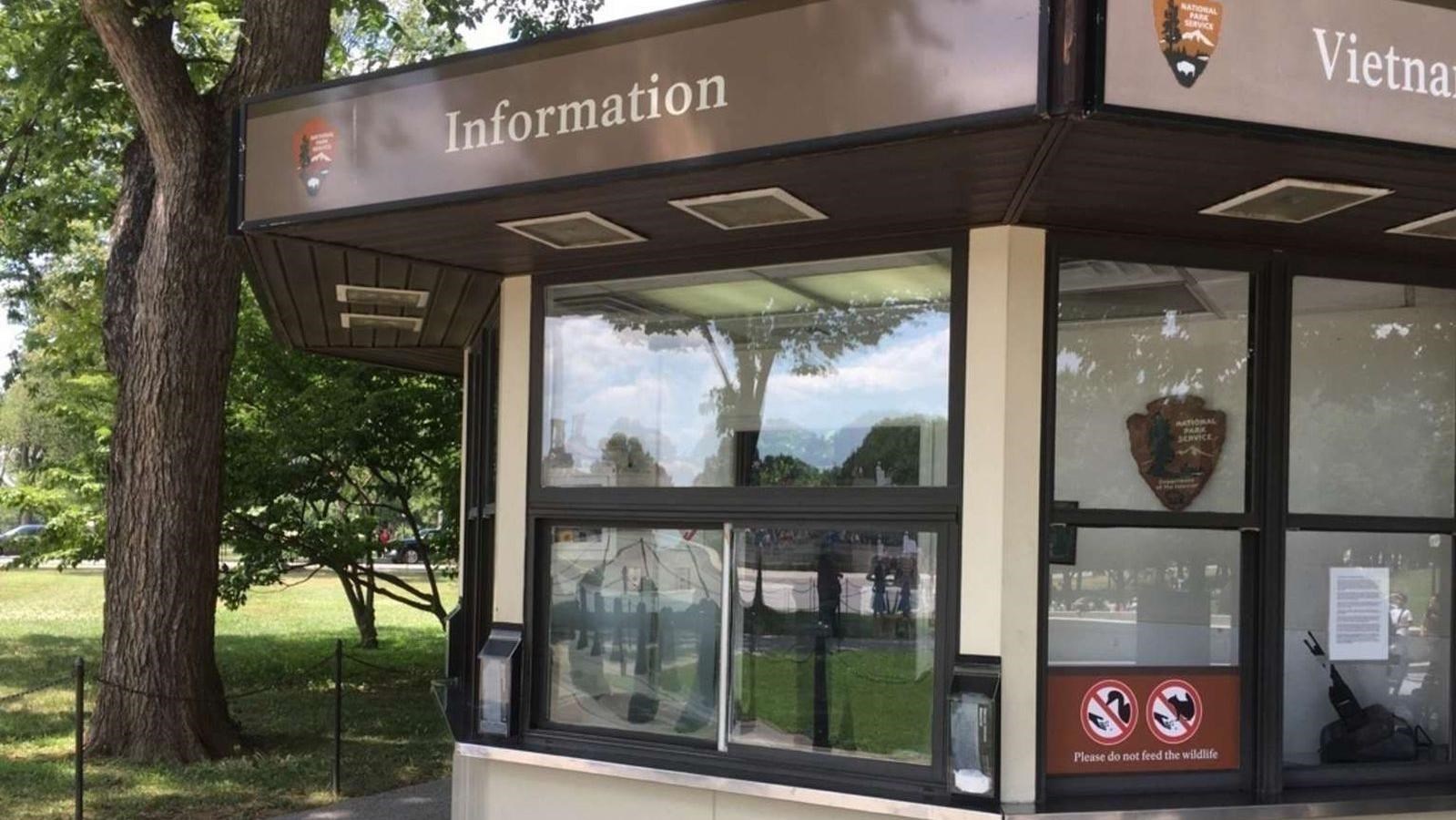 A small National Park Service branded information kiosk.
