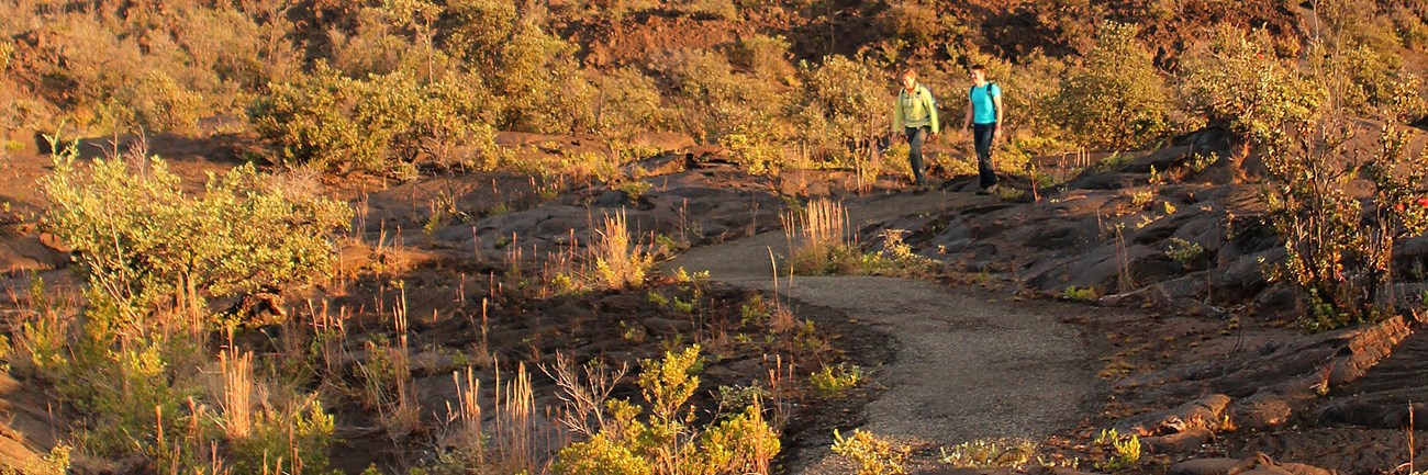 Two people walking on a paved path through a lava landscape at sunset