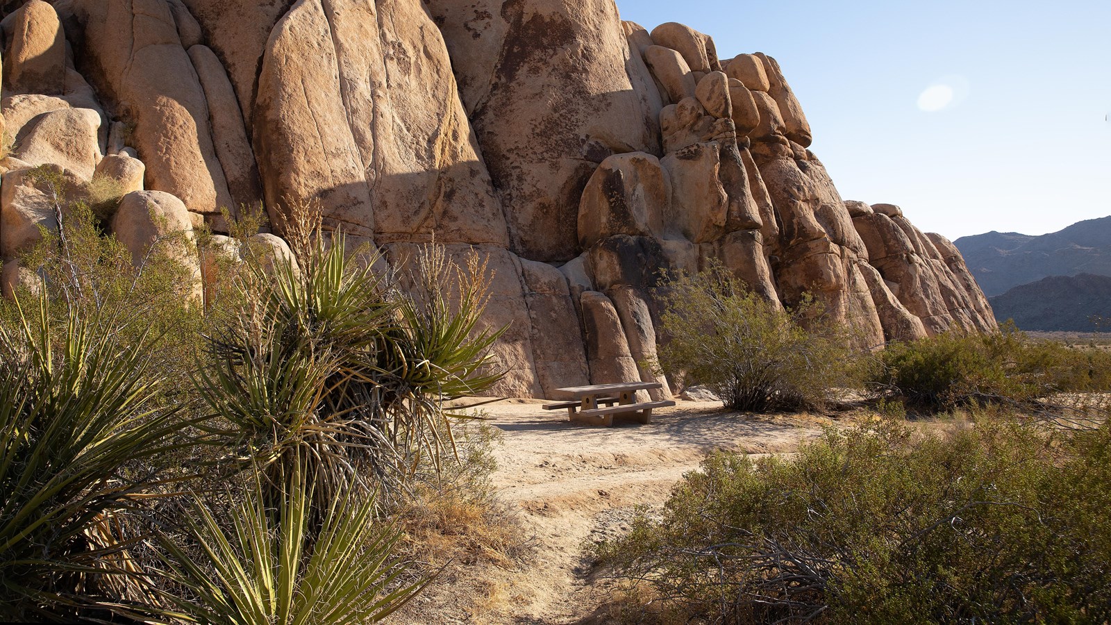 A picnic table in front of a large rock formation with shrubs scattered around the area.