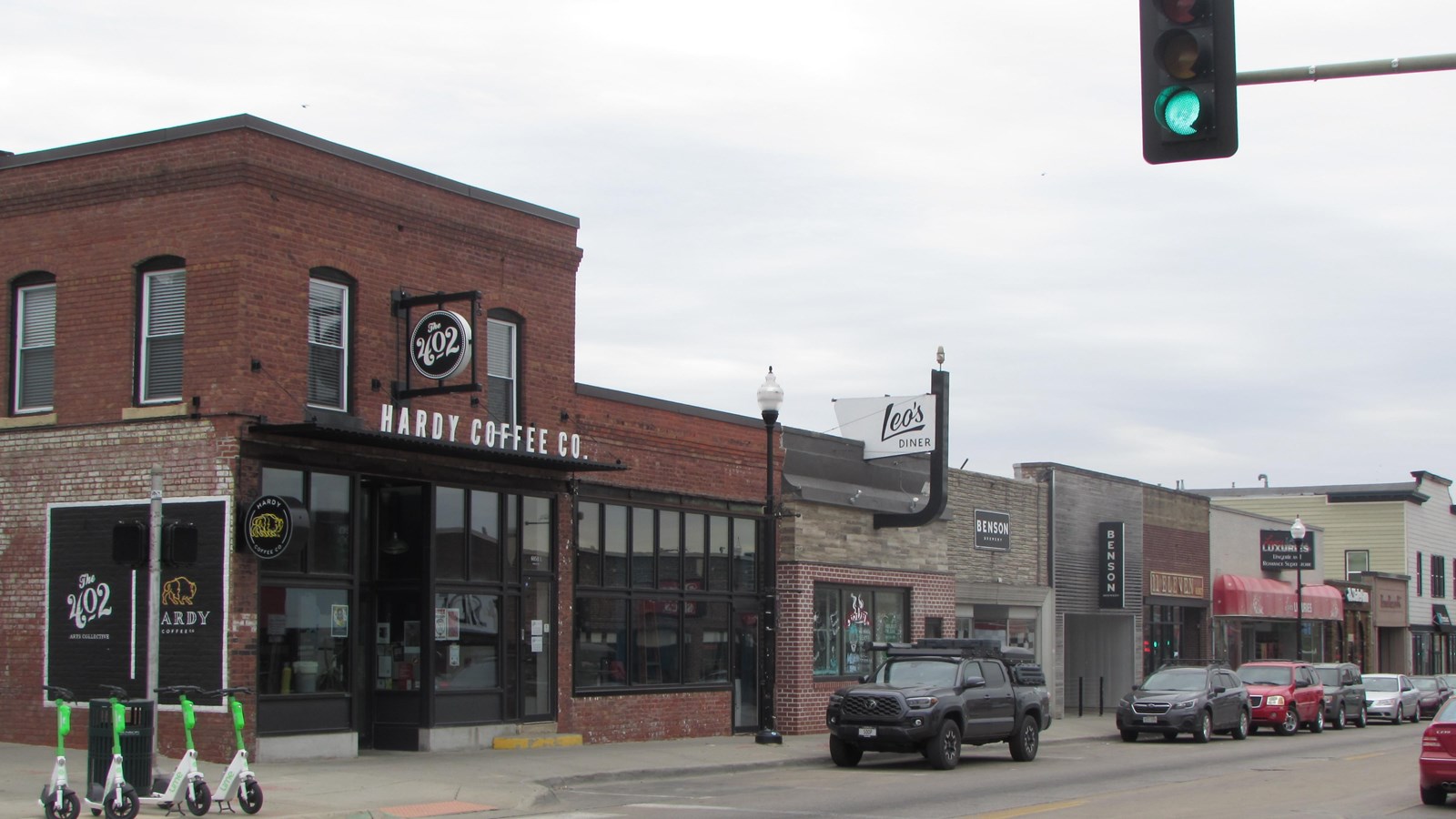Row of small commercial buildings lining Benson\'s historic main street.