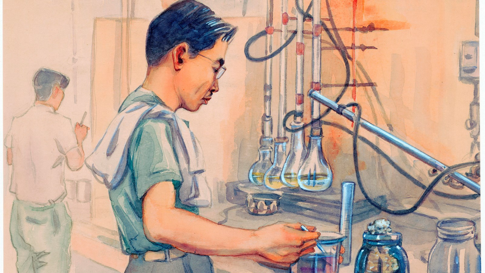 Kango Takamura painting of a Japanese American chemist working on extracting rubber from guayule.