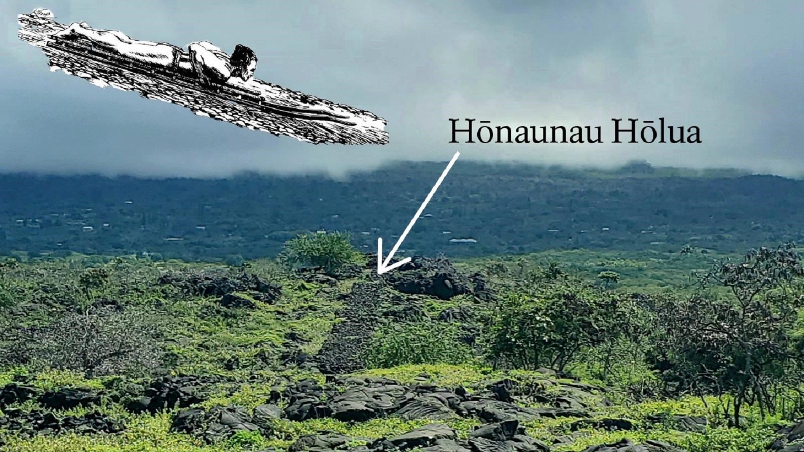 A lava-rock paved hōlua (ramp). A drawing of a person on a holua sled is superimposed on the image.