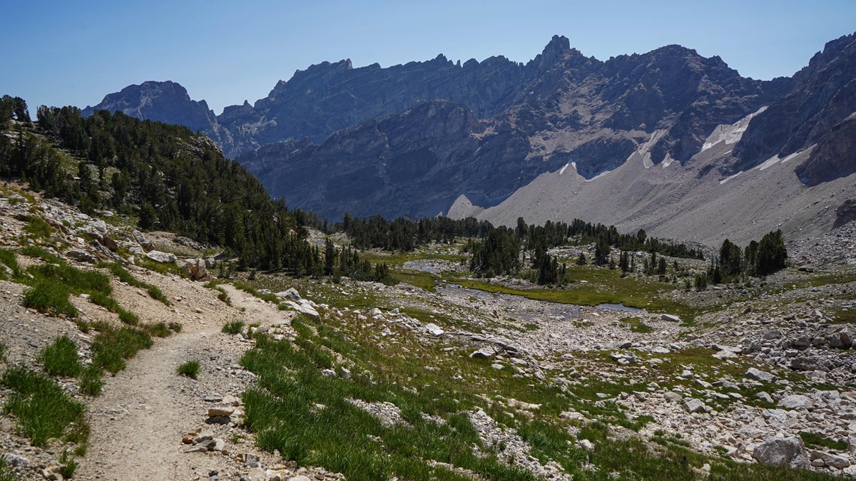 A trail meanders through a rocky, alpine meadow with jagged peaks in the background.