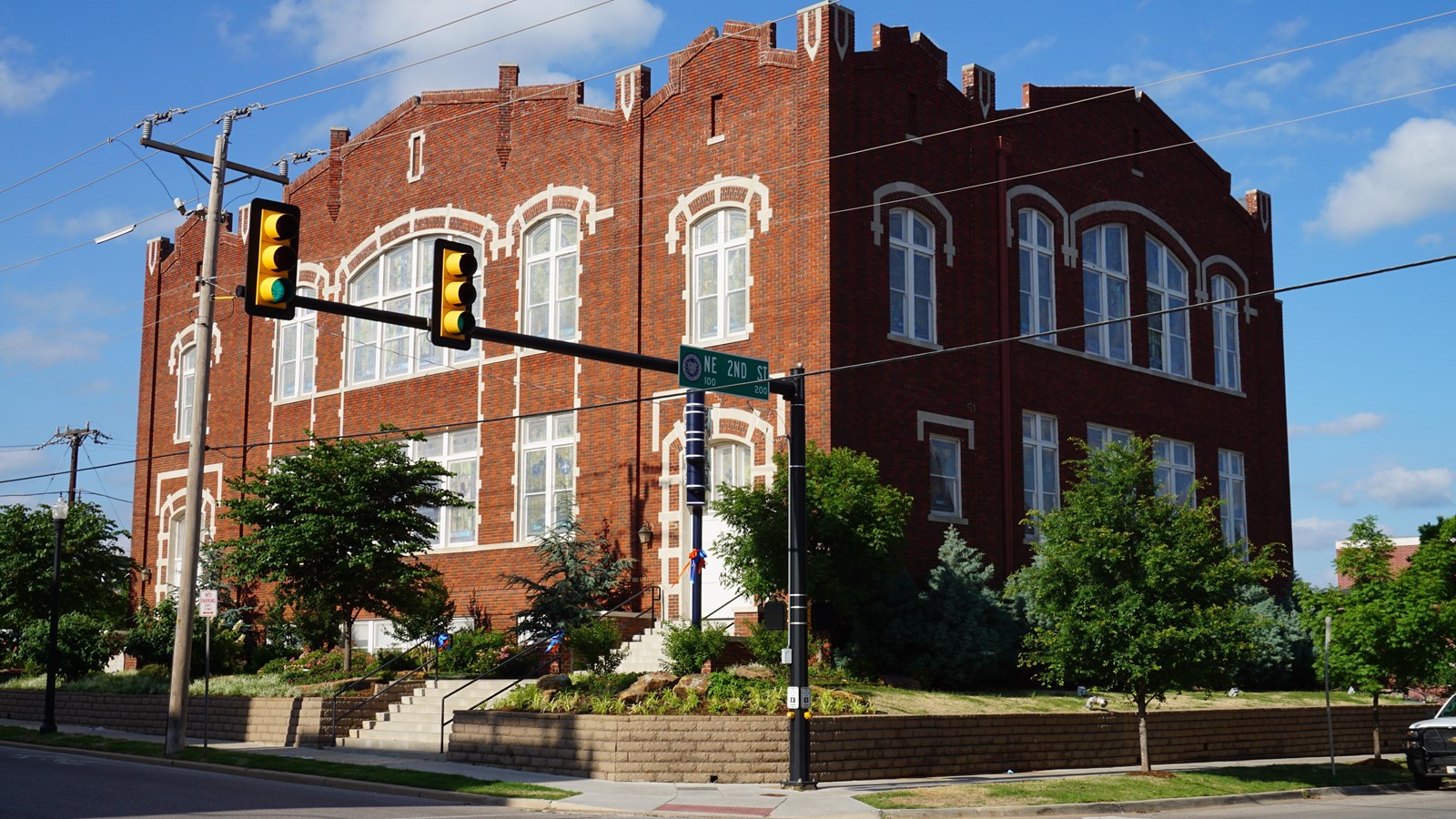 Brick two-story church.