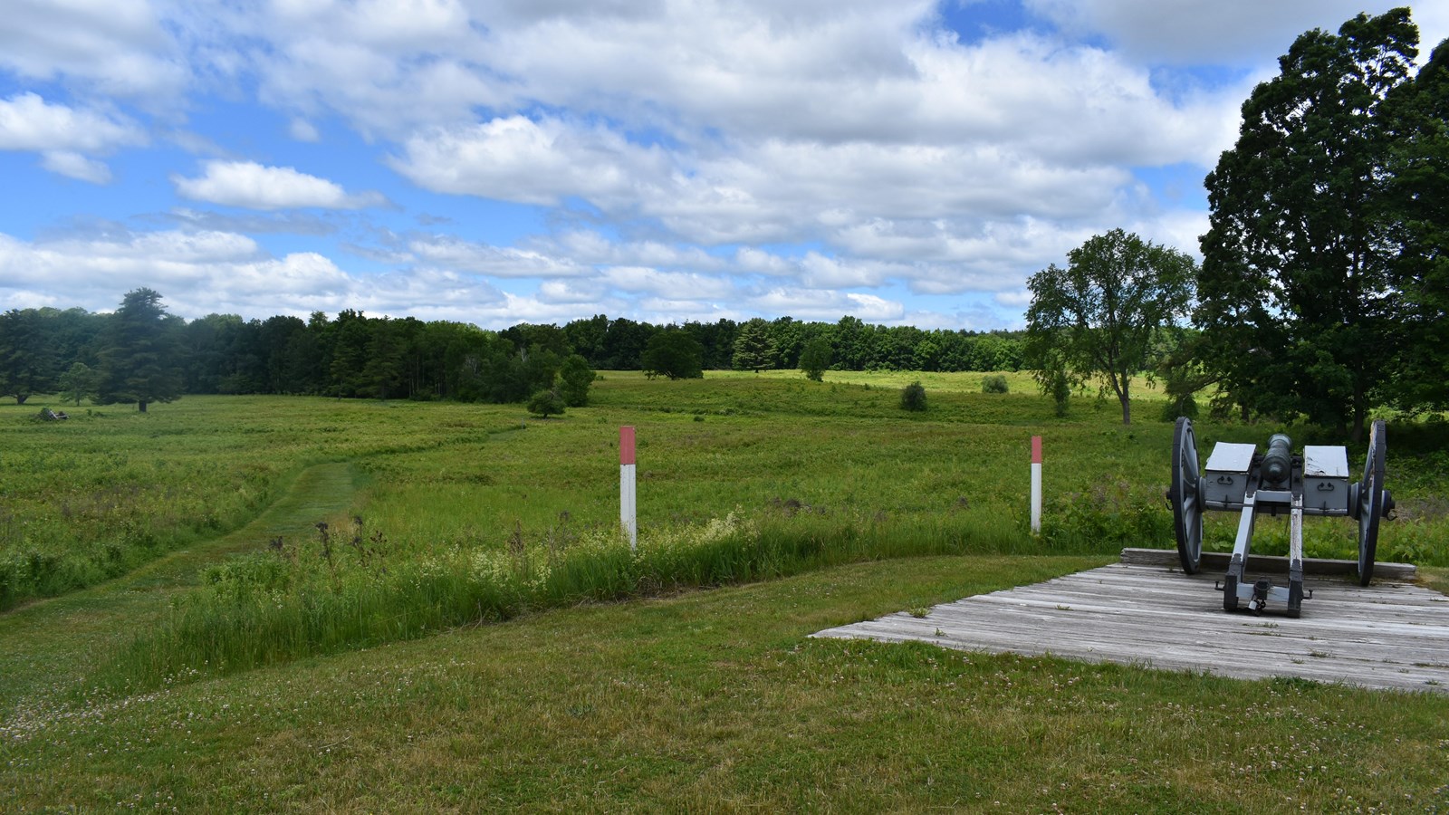 A canon rests on a concrete pad next to a grass covered, open field.