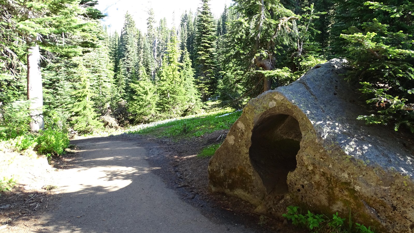 A large boulder with a hole in the middle is on the right side of a paved trail