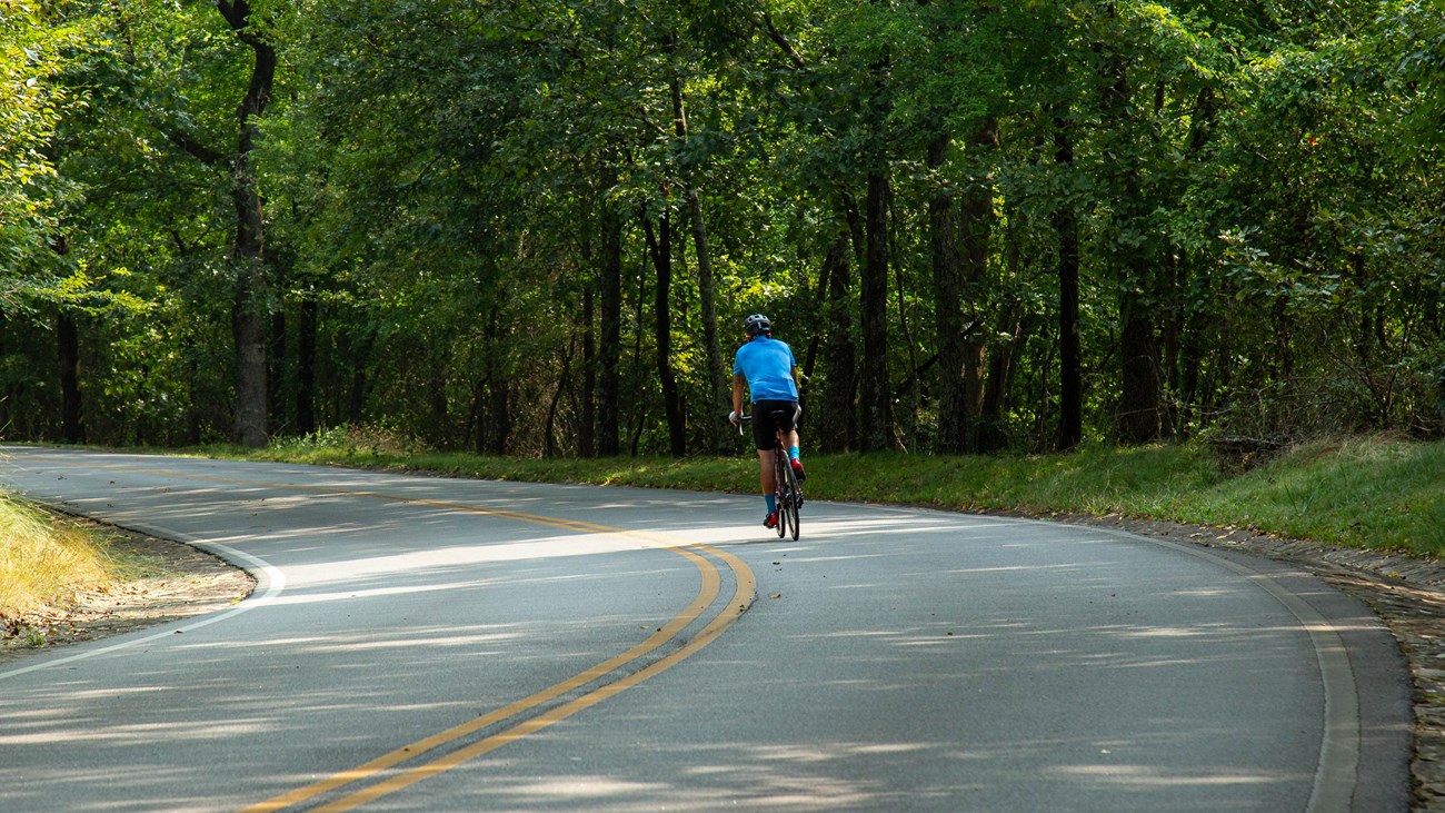 A lone bicycle rider wearing a blue jersey rides up an open mountain road.