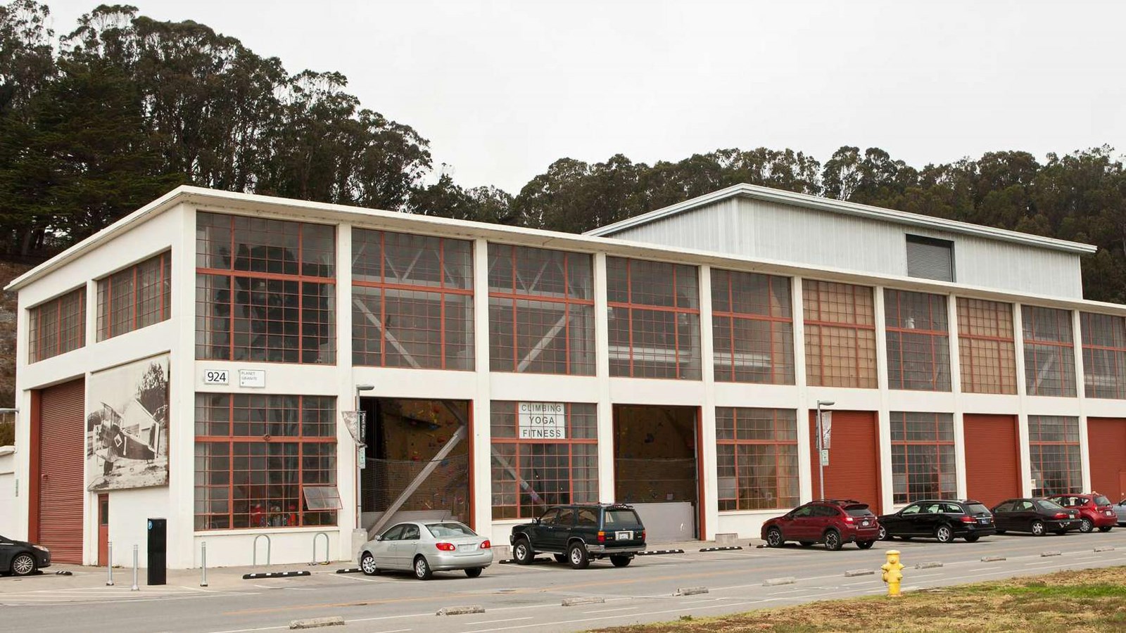 Exterior view of Planet Granite in an old military warehouse at Crissy Field.