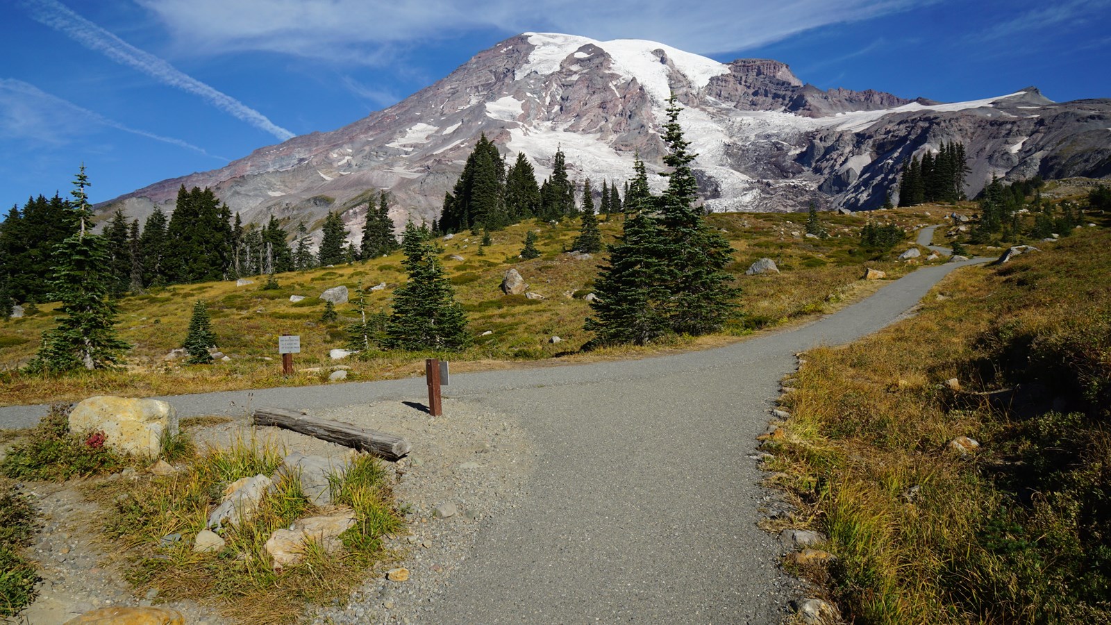 A paved trail connects to another paved trail on the meadow slope of a glaciated mountain.