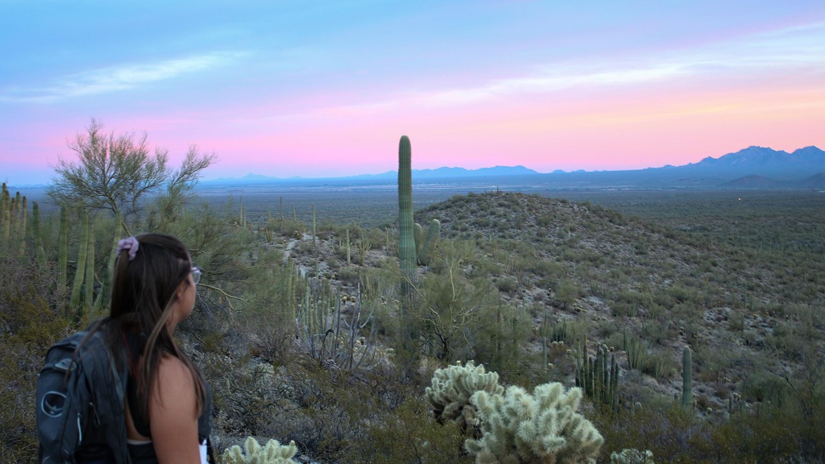 Hiker with backpack and camera stares out at mountains in the distance on a desert trail at sunset.