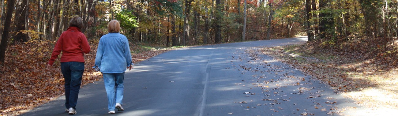 Two women walk down paved road surrounded by trees