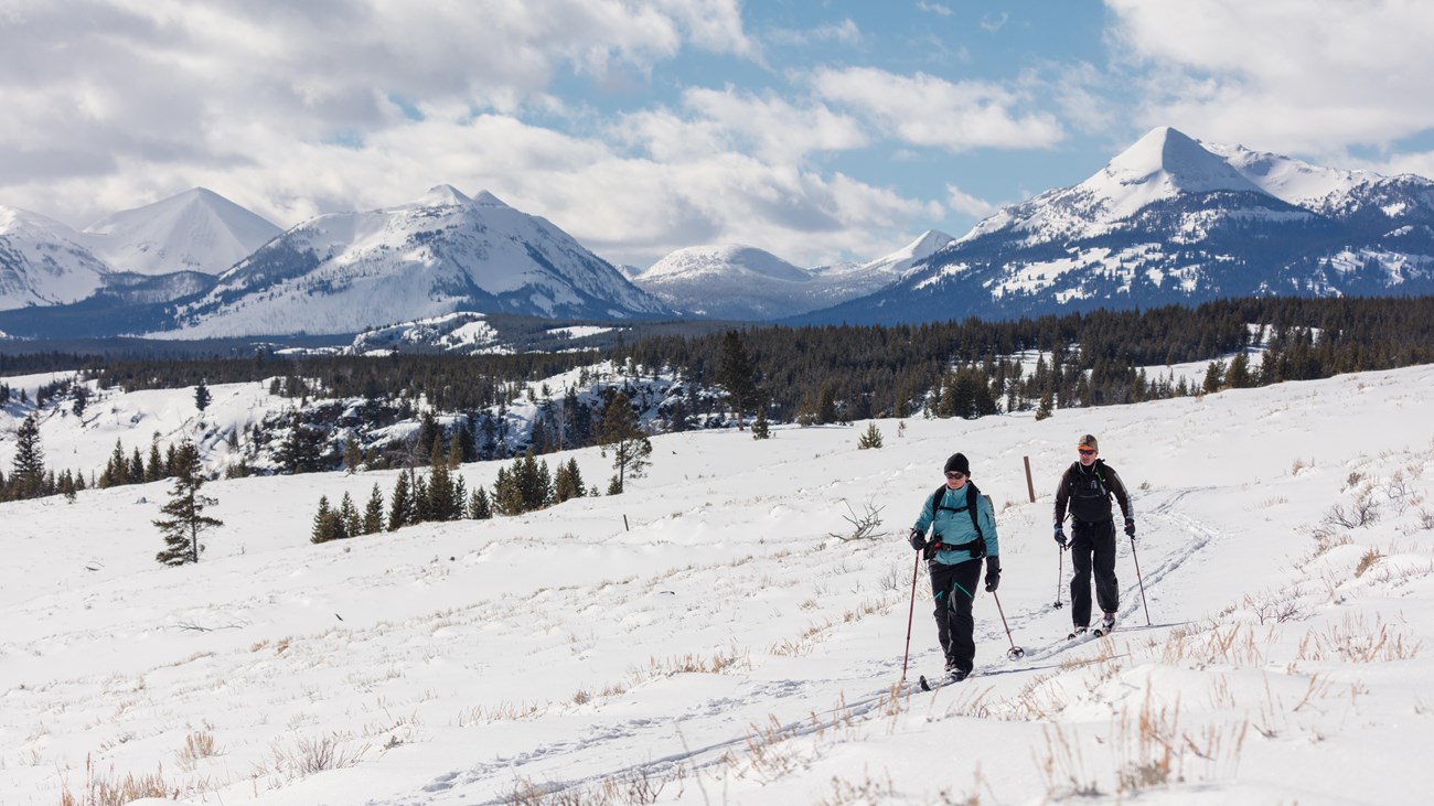 Two skiers travel across a flat meadow with mountains in the distance.