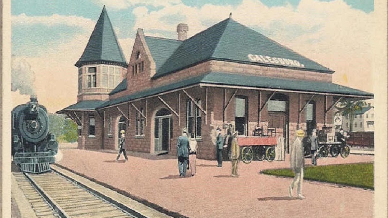 A colorized vintage postcard of Galesburg Train Station in early 1900\'s