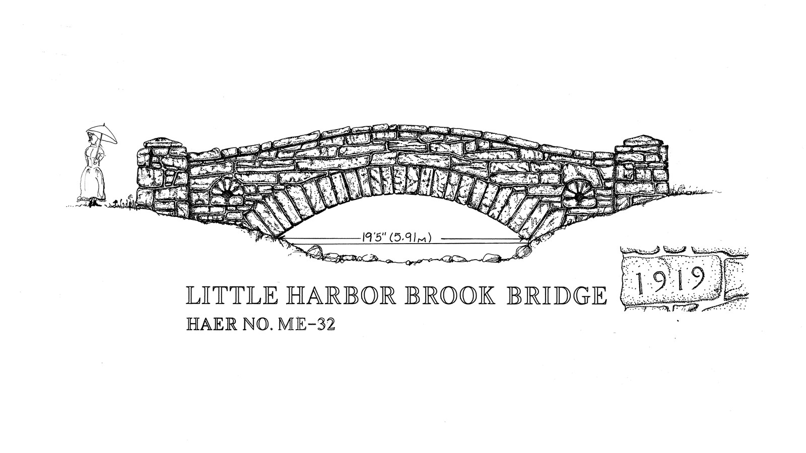 Line drawing of a masonry bridge along Acadia\'s historic carriage road system