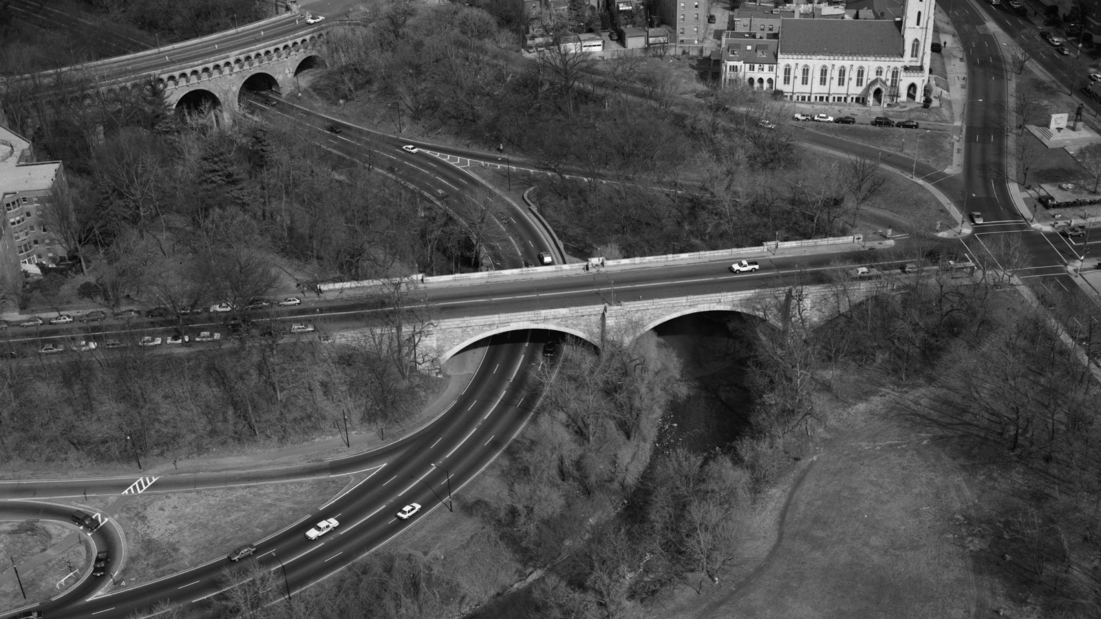 Aerial view of Rock Creek Parkway and P Street Beach.