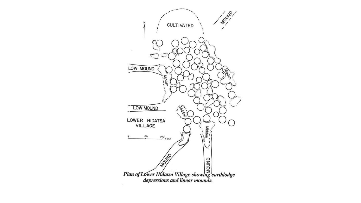 A drawn map of mounds, midden and circles delineating earthlodges 