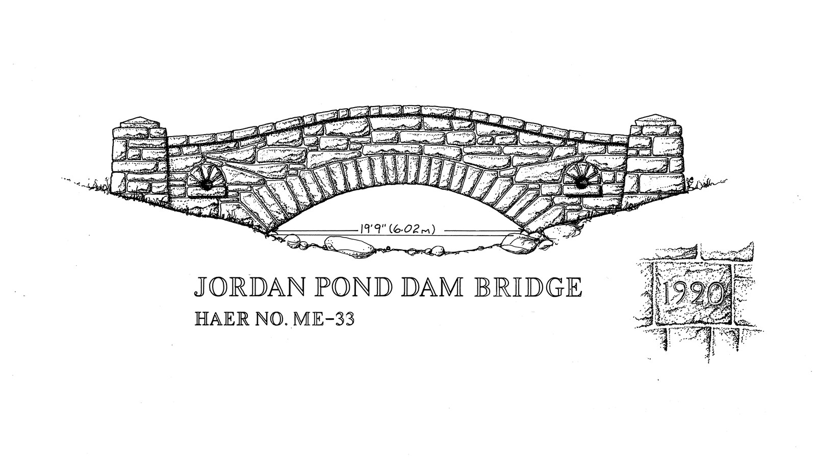 Line drawing of a masonry bridge along Acadia\'s historic carriage road system