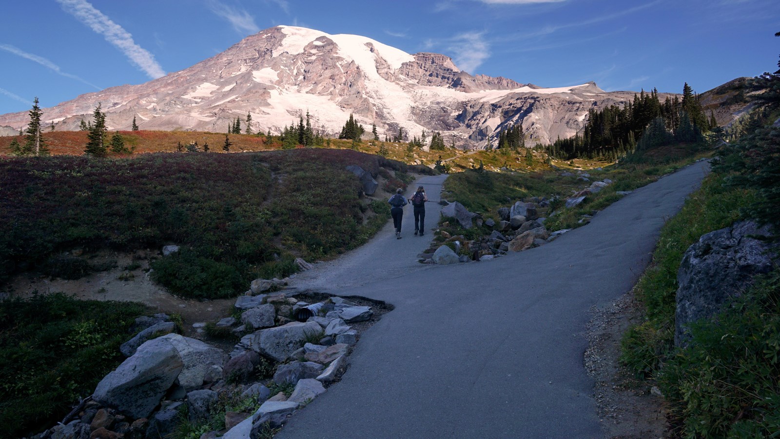A paved trail branches off a trail and climbs a hillside towards a glaciated peak.