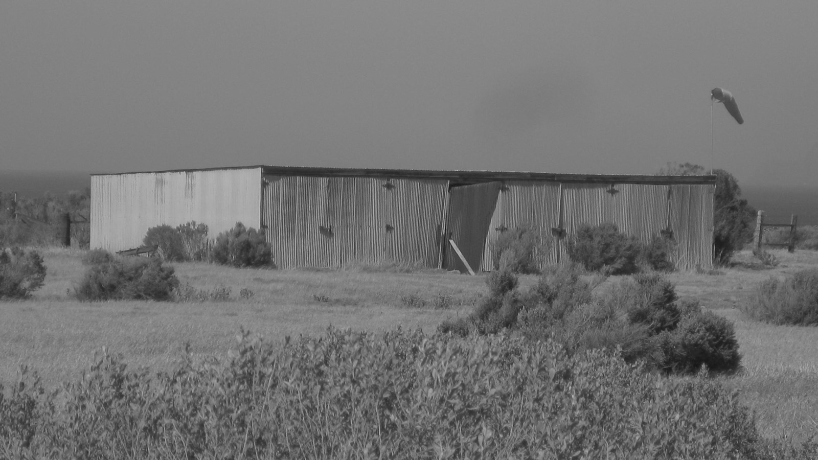 Long skinny metal shed with flat roof.