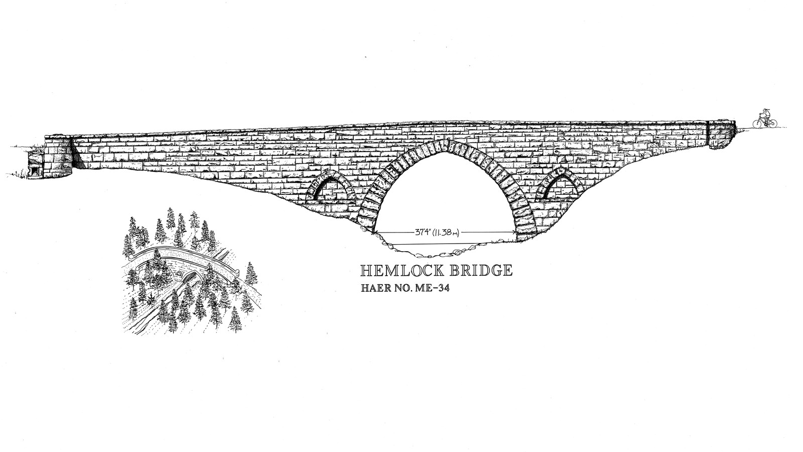 Line drawing of a masonry bridge along Acadia\'s historic carriage road system