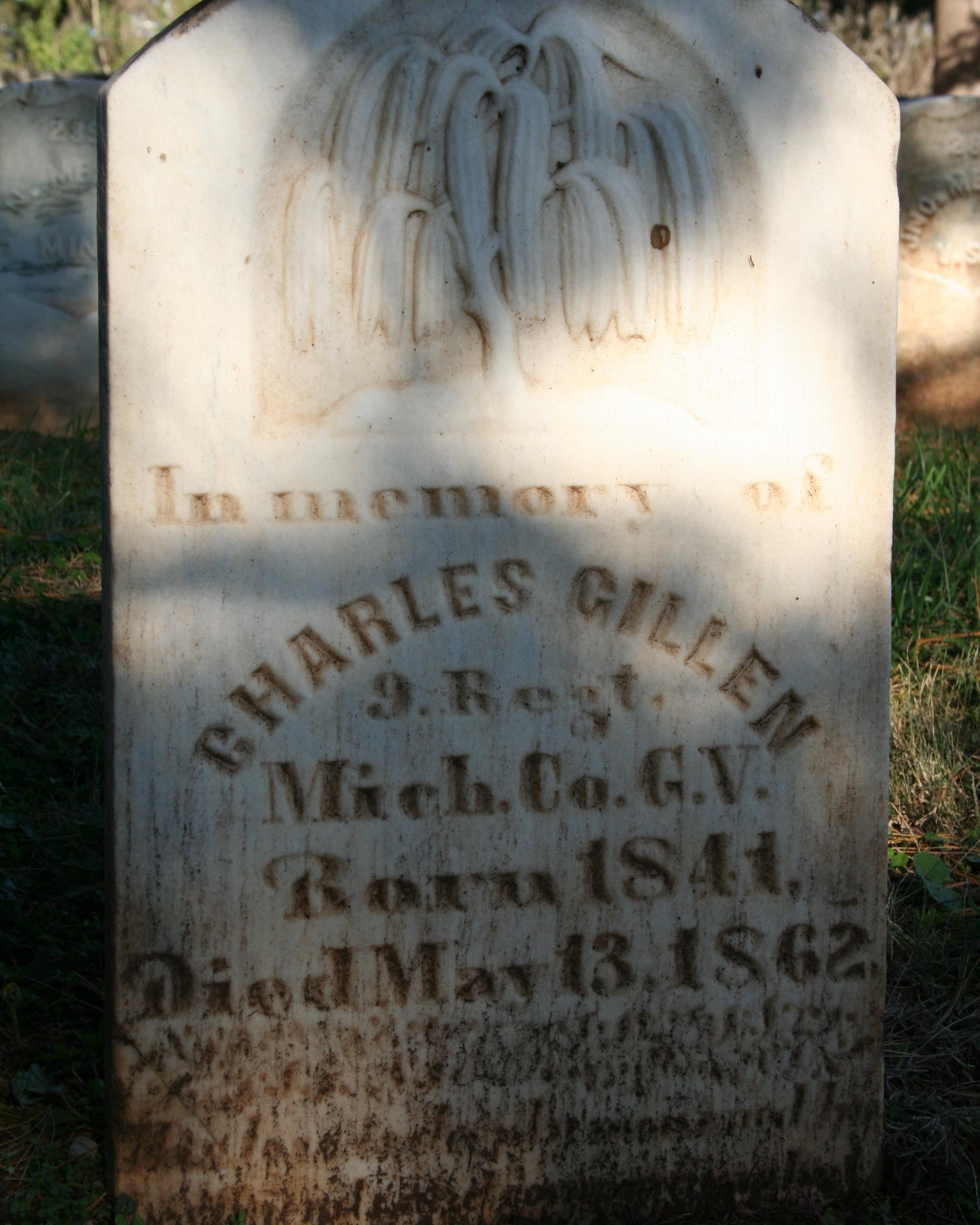 Ornate marble headstone belonging to Charles Gillen of the 9th Michigan Infantry.
