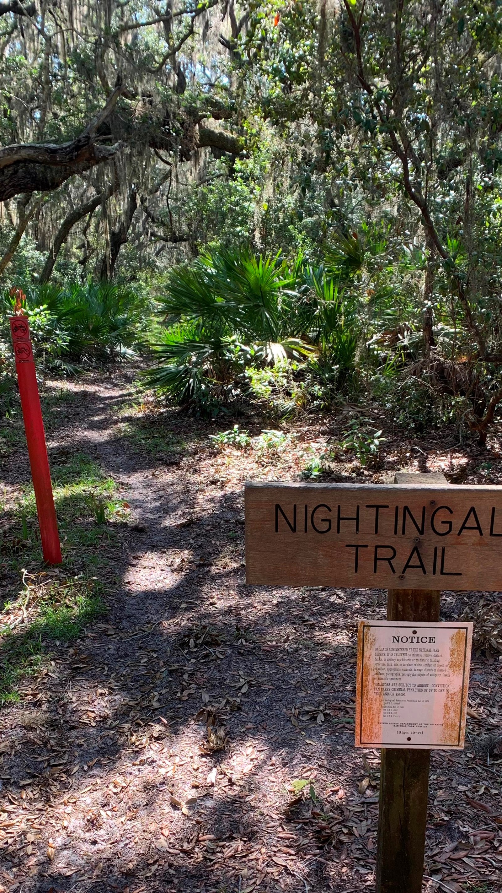 A wooden trailhead sign with a lichen covered white sign under it stands in front of a trail