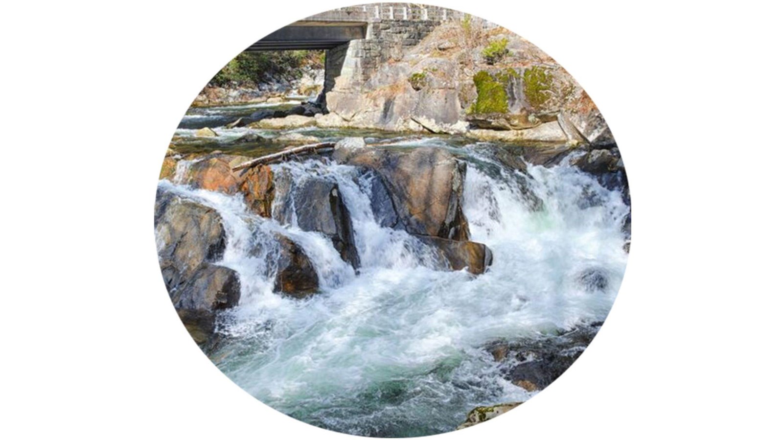 A jagged set of rock in a river with fast moving water over top.