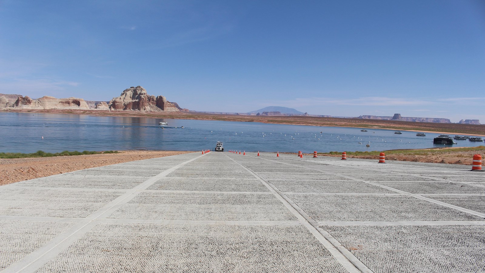 Paved launch ramp road leading to the water