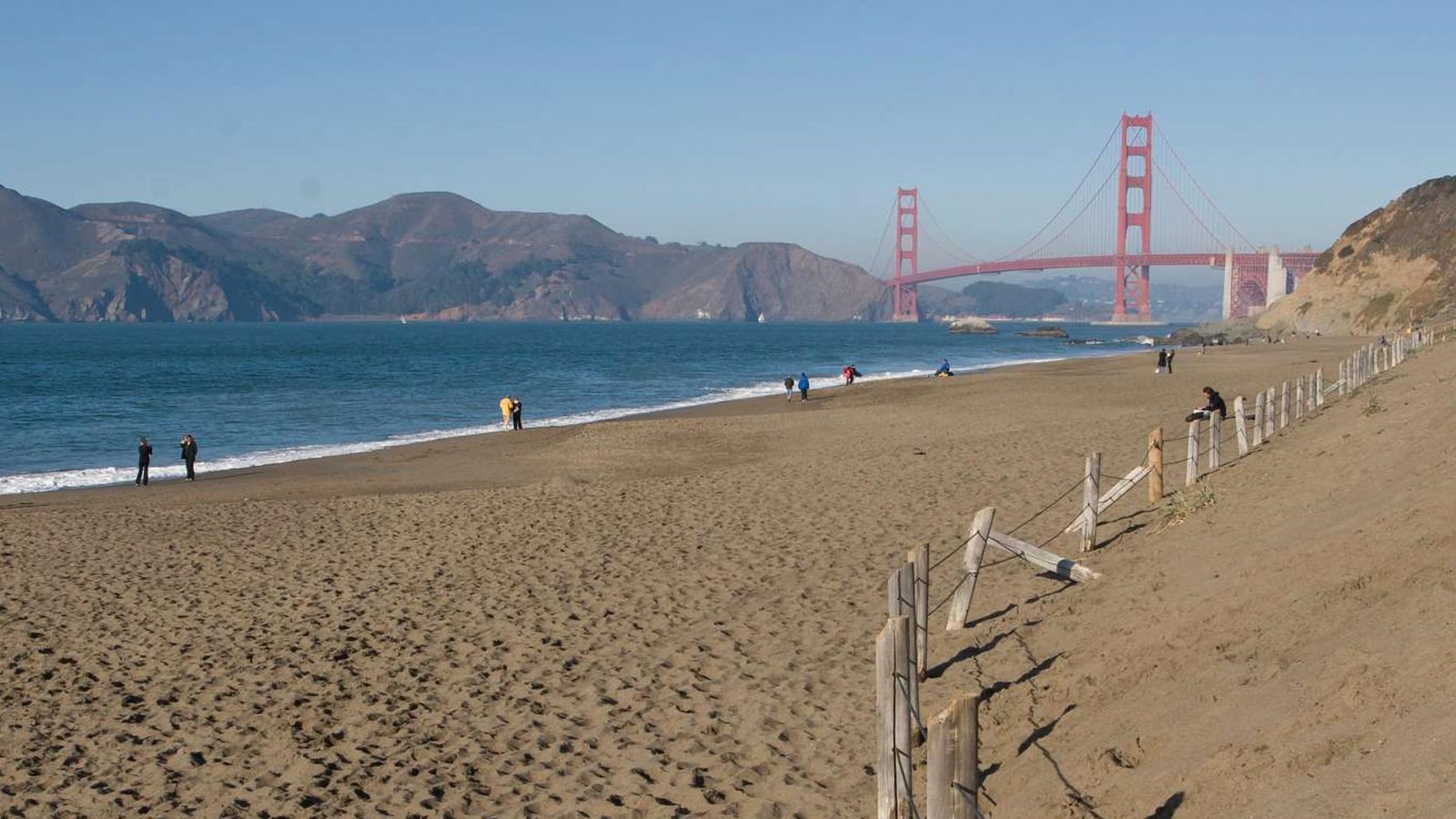 View of Baker Beach looking towards the Golden Gate Bridge.
