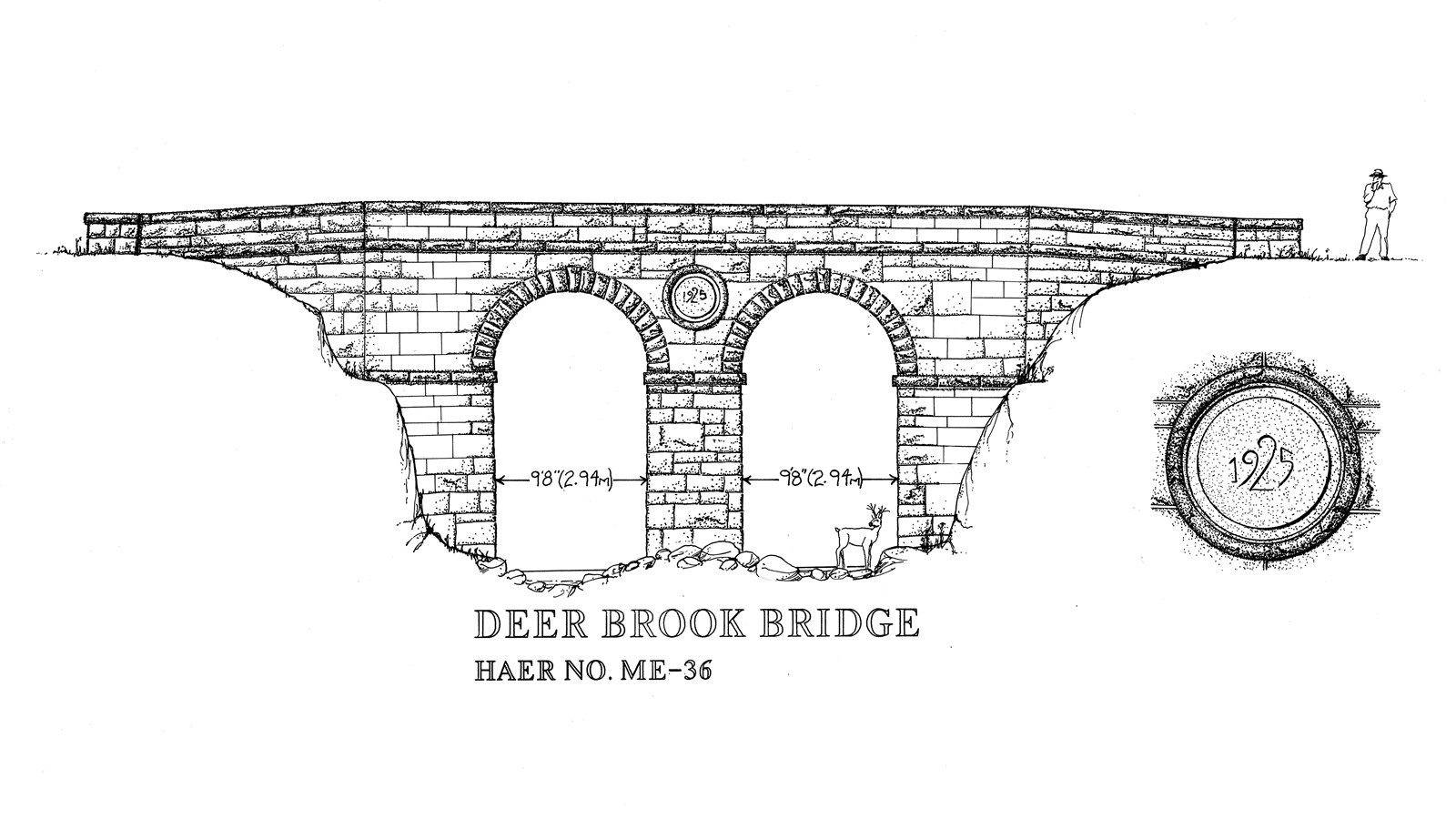 Line drawing of a masonry bridge along Acadia\'s historic carriage road system