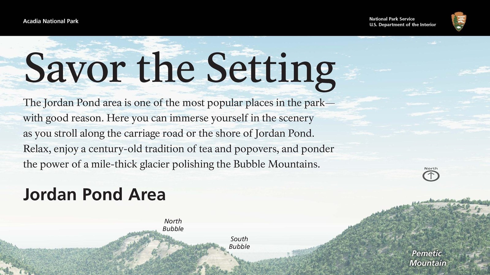 Title savor the setting above an arial graphic of the lake, building, and surrounding forest.
