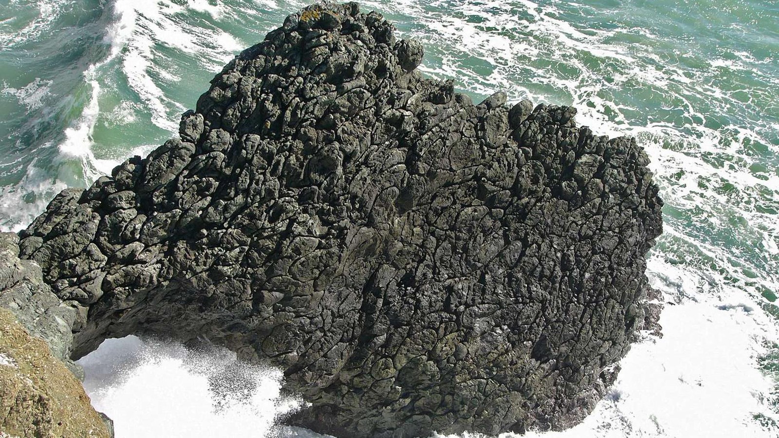 Pillow basalt arch with waves washing around it at Point Bonita seen from above.